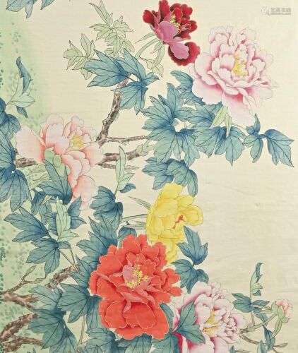 CHINE - XXe siècle Pivoines en fleurs Peinture sur tissu con...