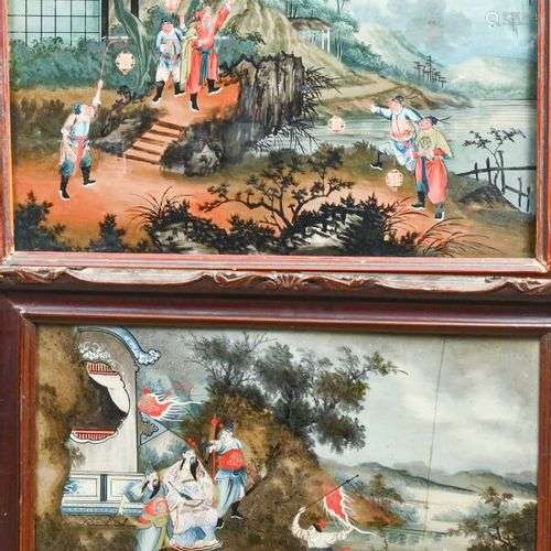 CHINE - XIXe siècle Paire de peintures en fixé sous verre, l...