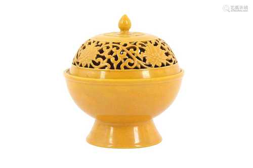 A CHINESE YELLOW-GLAZED INCENSE BURNER AND COVER.