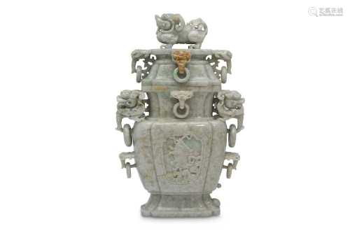 A LARGE CHINESE CARVED JADEITE VASE AND COVER.