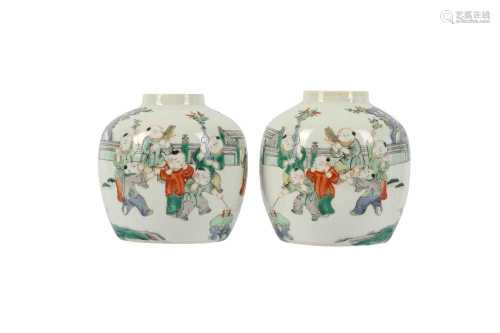 A PAIR OF CHINESE FAMILLE VERTE 'BOYS' JARS.