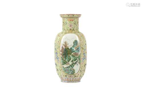 A CHINESE FAMILLE ROSE LIME GREEN-GROUND 'LANDSCAPE' VASE.