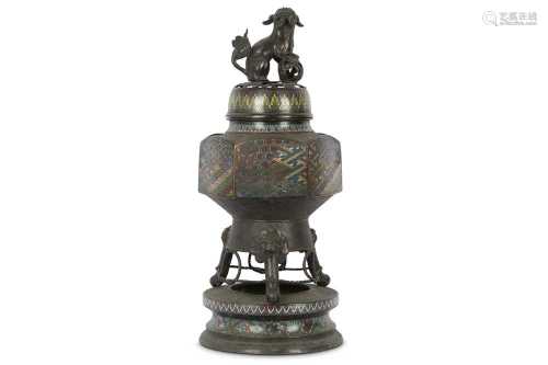 A LARGE JAPANESE ENAMELLED BRONZE 'LION DOG' INCENSE BURNER.