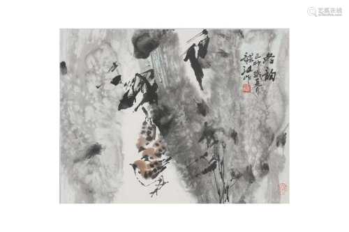 A CHINESE PAINTING OF CHICKENS, SIGNED LONG JIAN.