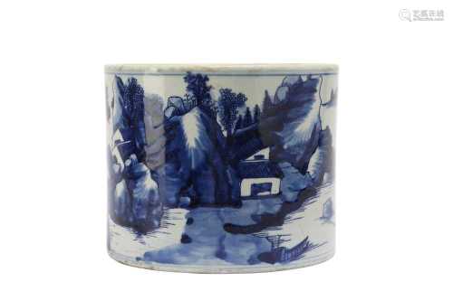 A CHINESE BLUE AND WHITE 'LANDSCAPE' BRUSH POT, BITONG.