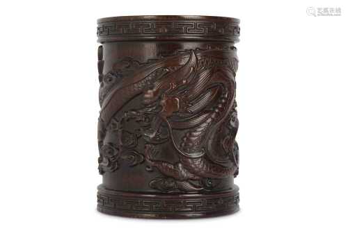 A CHINESE WOOD 'DRAGON' BRUSH POT, BITONG.