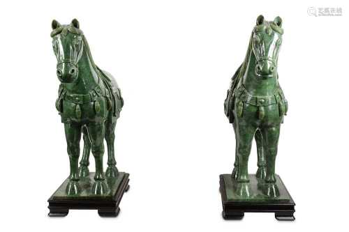 A PAIR OF MASSIVE CHINESE SPINACH-GREEN JADE HORSES.