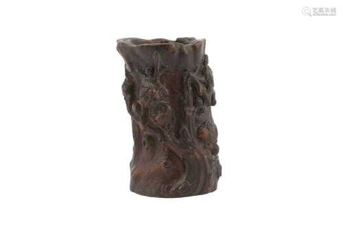 A CHINESE AGARWOOD 'PRUNUS' BRUSH POT, BITONG.