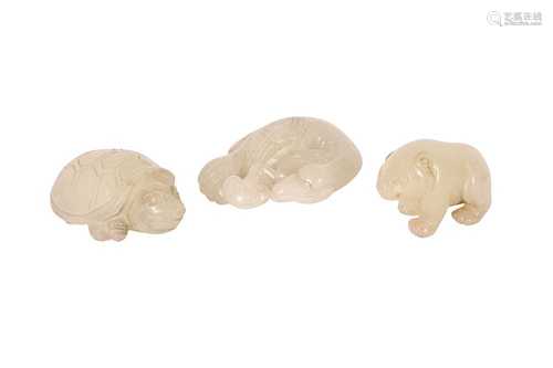 THREE CHINESE WHITE JADE ANIMAL CARVINGS.