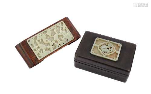 A CHINESE JADE-INSET HARWOOD BOX AND COVER AND A STAND.