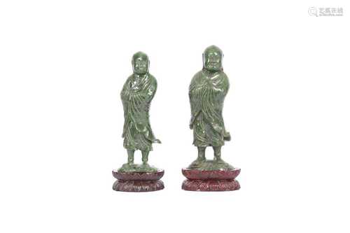 TWO CHINESE SPINACH-GREEN JADE FIGURES OF LUOHANS.