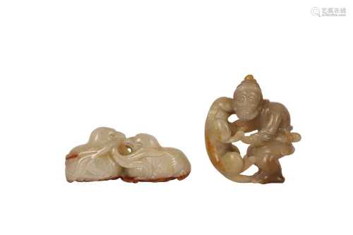 TWO CHINESE PALE CELADON JADE CARVINGS.