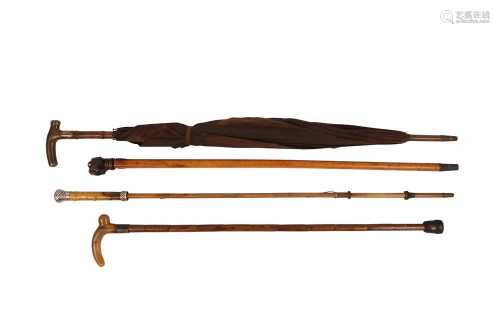 λ THREE CANES AND AN UMBRELLA WITH RHINOCEROS HORN HANDLES.