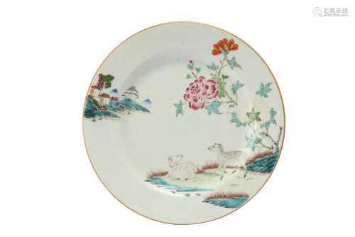 A CHINESE FAMILLE ROSE 'GOATS' DISH.