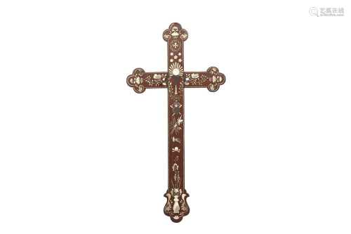 A CHINESE MOTHER OF PEARL-INLAID WOOD CROSS.
