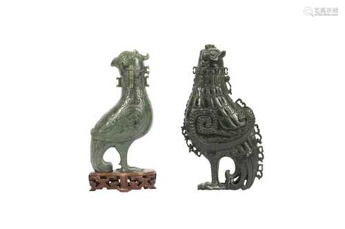 TWO CHINESE SPINACH GREEN JADE 'BIRD' VESSELS AND COVERS.