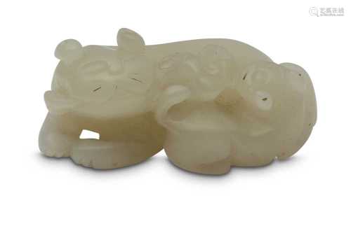 A CHINESE WHITE JADE 'CATS' CARVING.