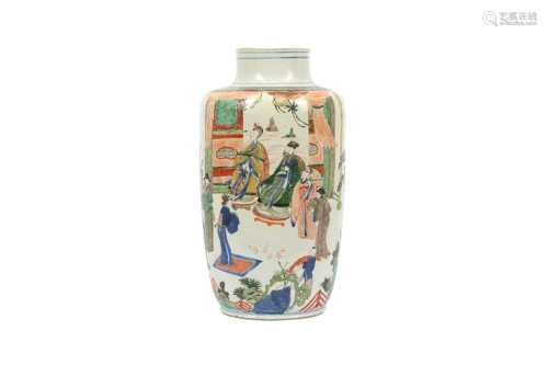 A CHINESE FAMILLE VERTE FIGURATIVE ROULEAU VASE.