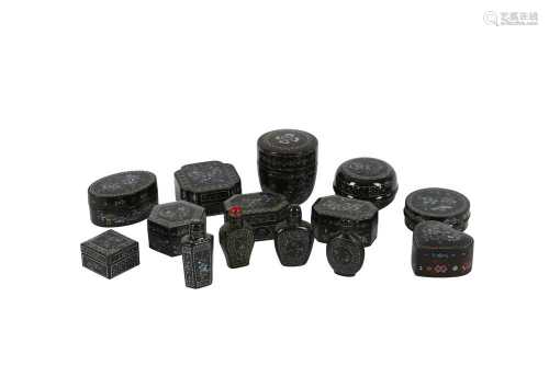 TEN CHINESE LAQUE BURGAUTE BOXES AND COVERS AND FOUR SNUFF B...