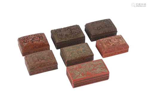 SEVEN CHINESE CINNABAR LAQUER RECTANGULAR BOXES AND COVERS.