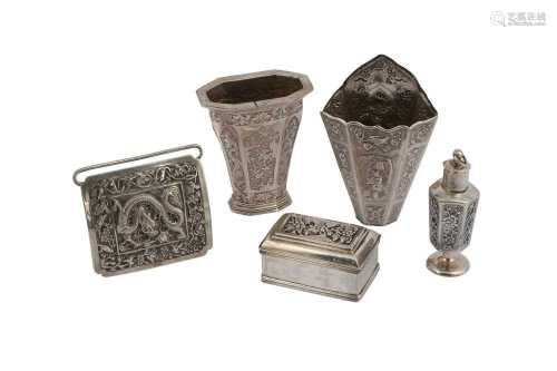 A SMALL GROUP OF FIVE ASIAN SILVER ITEMS.