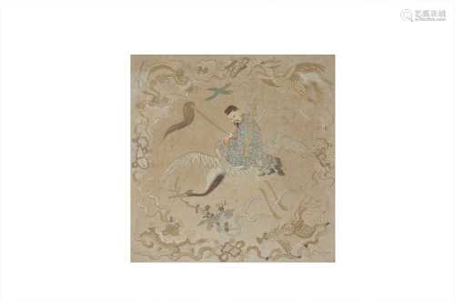 A CHINESE EMBROIDERED 'IMMORTAL' SILK PANEL.