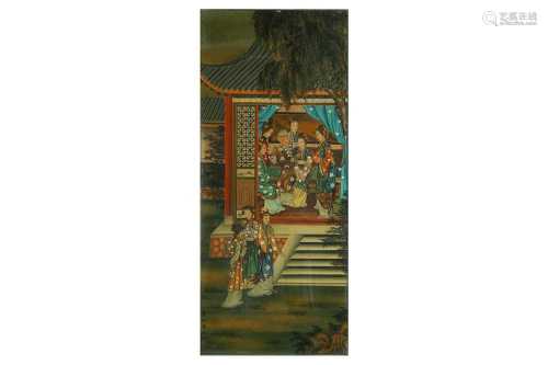 A CHINESE REVERSE GLASS PAINTING OF LADIES.
