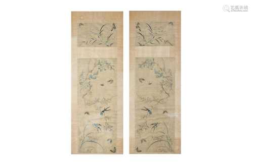 A PAIR OF CHINESE EMBROIDERED SILK 'BIRDS AND FLOWERS' PANEL...