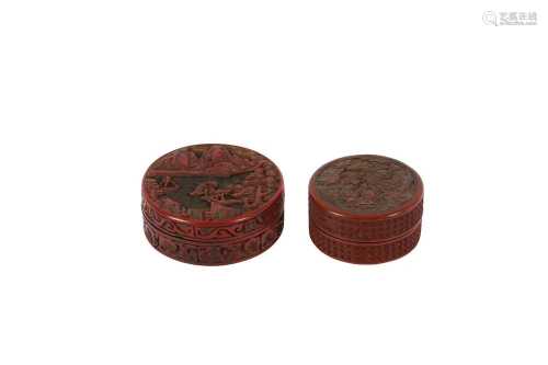 TWO CHINESE CIRCULAR CINNABAR LACQUER BOXES AND COVERS.