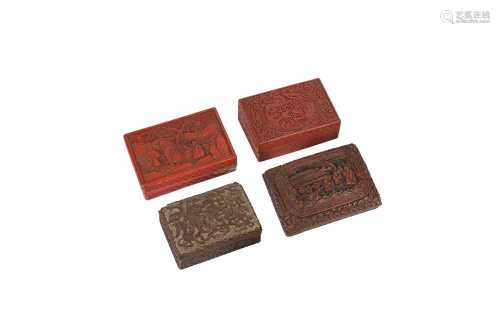 FOUR CHINESE RECTANGULAR CINNABAR LACQUER BOXES AND COVERS.