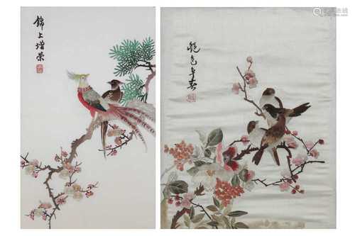 TWO CHINESE EMBROIDERED 'BIRDS AND FLOWERS' PANELS.