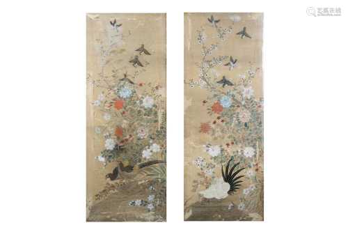 A PAIR OF CHINESE EMBROIDERED AND PAINTED SILK 'BIRDS' PANEL...