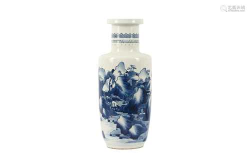 A CHINESE BLUE AND WHITE ROULEAU 'LANDSCAPE' VASE.