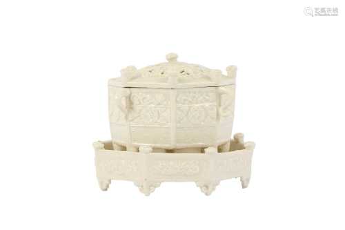 A CHINESE BLANC-DE-CHINE OCTAGONAL INCENSE BURNER, COVER AND...