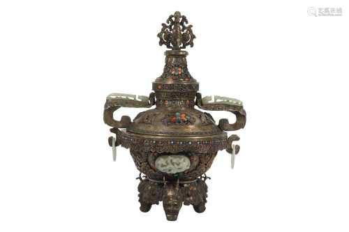 A CHINESE JADE AND HARSTONE-INSET WHITE METAL INCENSE BURNER...