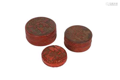 THREE CHINESE CIRCULAR CINNABAR LACQUER BOXES AND COVERS.