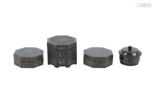 FOUR CHINESE LAQUE BURGAUTE BOXES AND COVERS.