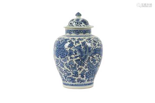 A CHINESE BLUE AND WHITE BALUSTER 'PHOENIX' JAR AND A COVER.