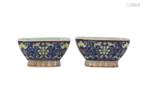 A PAIR OF CHINESE FAMILLE ROSE BLUE-GROUND 'LOTUS AND BATS' ...