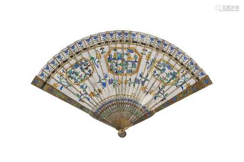 A CHINESE SILVER FILIGREE AND ENAMEL FAN.