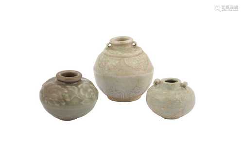 THREE CELADON GLAZED JARLETS.