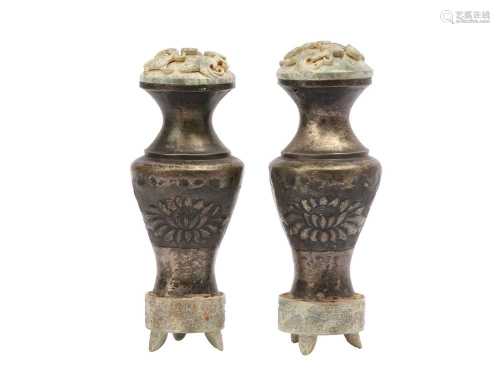 A PAIR OF CHINESE WHITE METAL VASES AND COVERS.