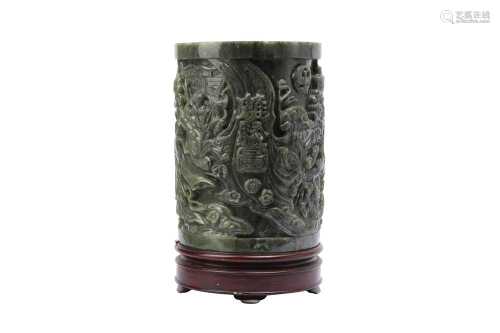 A CHINESE SPINACH-GREEN JADE BRUSH POT, BITONG.