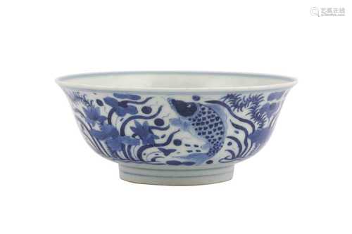 A CHINESE BLUE AND WHITE 'CARP POND' BOWL.