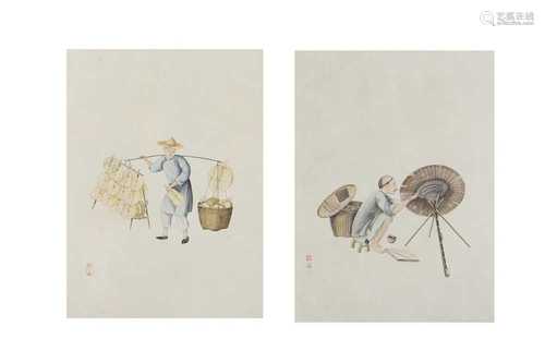 A PAIR OF CHINESE PAINTINGS OF STREET MERCHANTS.