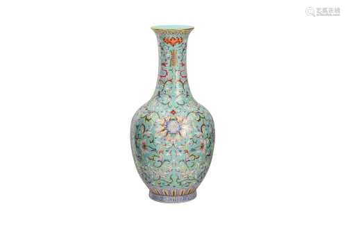 A CHINESE FAMILLE ROSE TURQUOISE-GROUND BOTTLE VASE.
