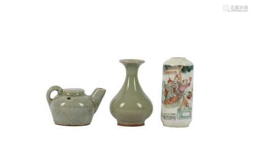 A CHINESE FAMILLE ROSE SNUFF BOTTLE, A CELADON-GLAZED MINIAT...