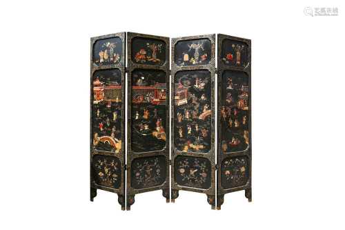A CHINESE HARDSTONE-INLAID LACQUER WOOD FOUR-FOLD SCREEN.