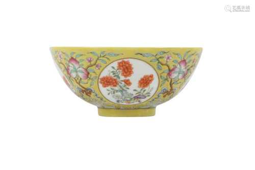 A CHINESE FAMILLE ROSE YELLOW-GROUND 'MEDALLION' BOWL.