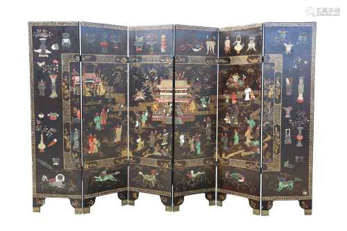 A CHINESE HARDSTONE-INLAID LACQUER WOOD SIX-FOLD 'IMMORTALS'...